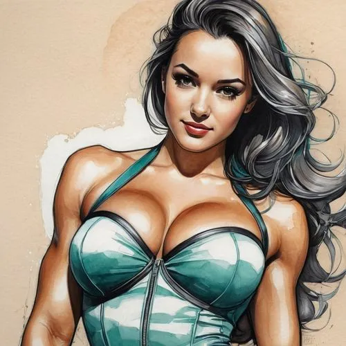 Descarga fondos de pantalla bonitos para tu dispositivo , pencil drawing of girl 
Zena Marshall
 by 
STAN LEE
, feminine curvey muscle body,
 , giant perfect round fake boobs, stunning slim waist, 
ti