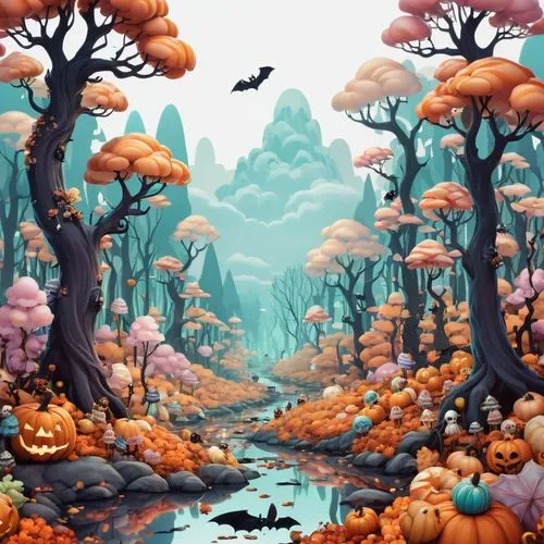 halloween background,cartoon video game background,mushroom landscape,autumn forest,cartoon forest,halloween wallpaper,Illustration,Abstract Fantasy,Abstract Fantasy 11