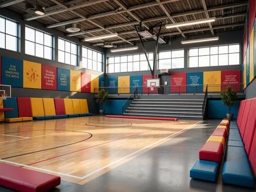 Modern gymnasium interior, vibrant colored flooring, sturdy sports equipment, athletic tracks, basketball hoops, bleacher seating, motivational quotes, inspirational posters, natural light pouring in,