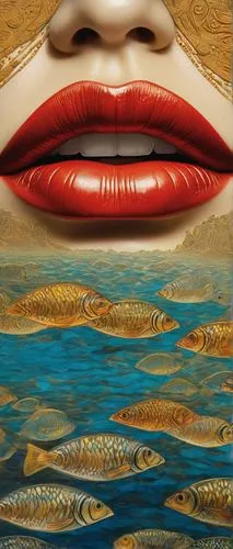 labios,reflexa,fish in water,reflection of the surface of the water,surface tension,acid lake,arowana,semiaquatic,surrealism,dali,tretchikoff,stiltsville,reflexed,hirst,fractalius,illusion,surrealist,underwater landscape,mouth,fornasetti,Art,Classical Oil Painting,Classical Oil Painting 15