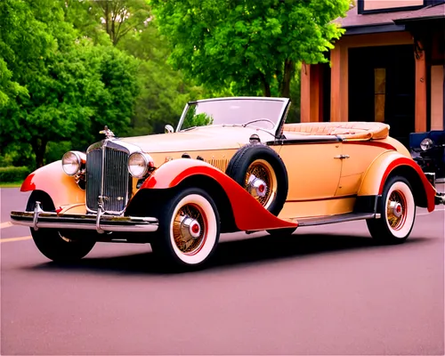 Vintage Packard car, shiny metallic body, curved lines, luxurious interior, leather seats, wooden steering wheel, classic headlights, nostalgic license plate, parked on a quiet street, morning sunligh