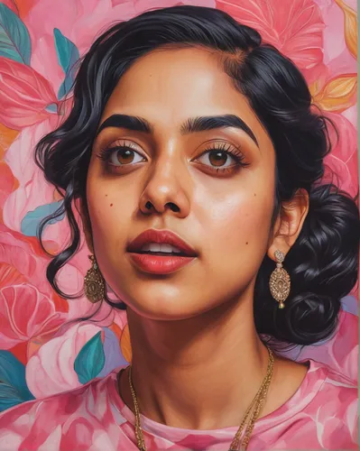 Craft a comedic situation where Ritu Varma gets caught in a hilarious case of mistaken identity.,jaya,oil painting on canvas,oil on canvas,digital painting,yogananda,portrait background,girl portrait,