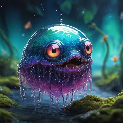 digital art of gradient-colored see-through slime creature , the slime has big anime like eyes without mouth, isekai world, depth of field, nature, sparkling eyes, sparkling aura,   vibrant colors ble