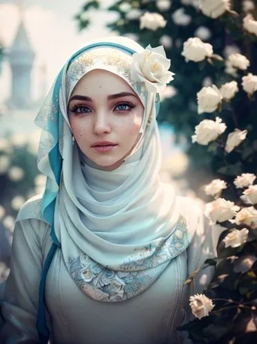 women wearing white hijab with white rose and white bokeh with blue sky ,islamic girl,hijab,hijaber,muslim woman,muslim background,muslima,white rose snow queen,arabian,rem in arabian nights,abaya,mys