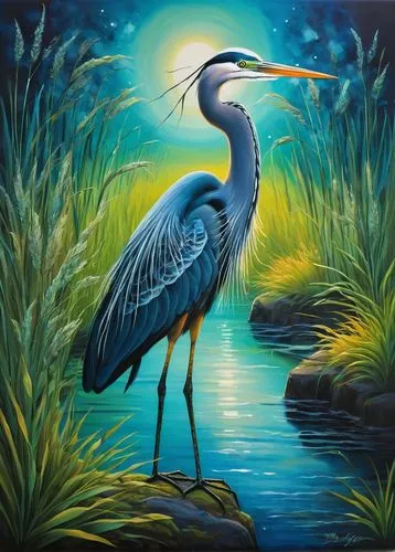 Create a serene and dreamy landscape painting featuring a majestic heron standing gracefully amidst tall, slender grasses. The bird, rendered in vibrant shades of blue and green, seamlessly blends wit