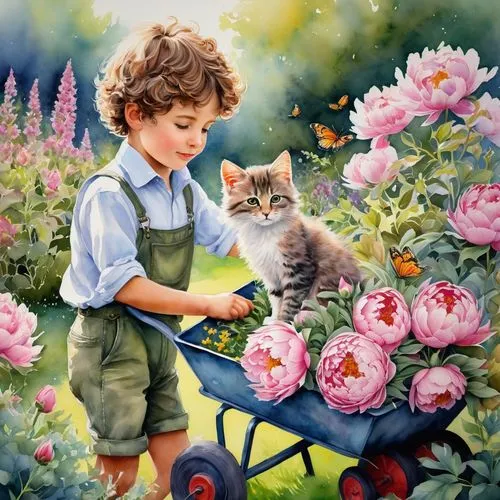 flower painting,children's background,picking flowers,little boy and girl,girl and boy outdoor,girl picking flowers,Illustration,Paper based,Paper Based 15