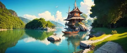 fantasy landscape,cartoon video game background,fantasy picture,landscape background,3d fantasy,boat landscape