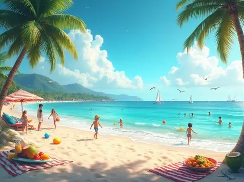 Serene beach scene, warm sunny day, clear blue sky with puffy white clouds, gentle ocean breeze, calm turquoise water, soft foamy waves, seagulls flying overhead, palm trees swaying gently, colorful b