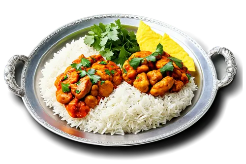 Colorful Indian dish, steaming hot, basmati rice, mixed vegetables, naan bread, tandoori chicken, rich curry sauce, silver utensils, ornate plate, garnished with fresh cilantro, shallow depth of field