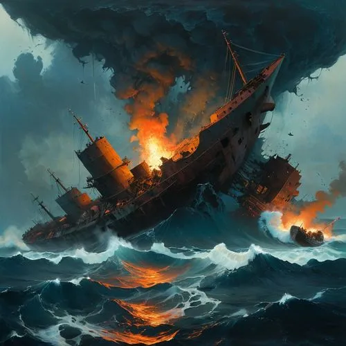 pirate ship,ship wreck,steam frigate,maelstrom,shipwreck,the wreck of the ship,ironclad warship,galleon,sea fantasy,ghost ship,sea sailing ship,galleon ship,sea storm,caravel,sloop-of-war,sunken ship,viking ship,the wreck,sailing ship,sail ship,Conceptual Art,Oil color,Oil Color 01