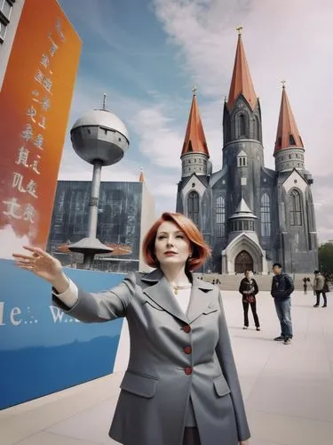 B&W photo: Ms. Eva H. in front of the Kaiser Wilhelm Memorial Church in Berlin.,a woman is standing with a large castle behind her,vasilescu,gillard,jetsun,haeju,tvtropolis,koreeda,Photography,Black a