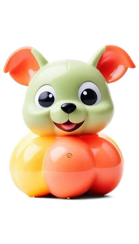 Squeaky dog toy, colorful plastic body, shiny surface, tiny legs, cartoonish eyes, smiling face, squeaker inside, soft lighting, macro shot, shallow depth of field, warm color tone, playful atmosphere