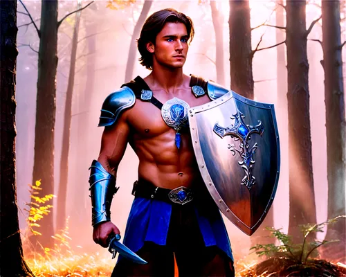 Fantasy game scene, medieval warrior, male, muscular, brown hair, blue eyes, facial scar, leather armor, silver sword, shield with emblem, standing hero pose, misty forest background, warm sunlight fi