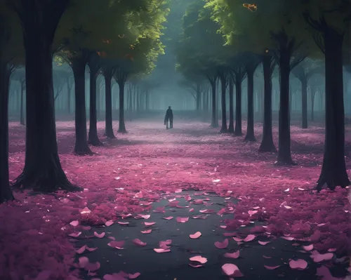 fallen petals,forest path,japanese sakura background,forest of dreams,walk in a park,sakura background,tree grove,tree lined path,pathway,forest walk,field of flowers,scattered flowers,the path,sakura trees,sea of flowers,cherry petals,cherry trees,stroll,purple landscape,fairy forest,Conceptual Art,Fantasy,Fantasy 02