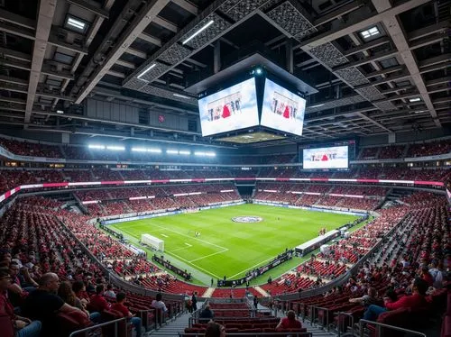 Spacious football stadium interior, grandstand seating, vibrant team colors, sleek metal railings, modern scoreboard displays, large video screens, energetic crowd atmosphere, natural stone flooring, 