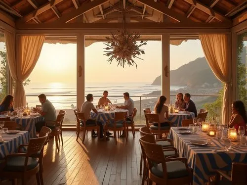 Coastal ambiance, dining hall, spacious room, large windows, ocean view, wooden floor, driftwood furniture, nautical decorations, seashell chandelier, fish-shaped vases, wavy curtains, sandy beige wal