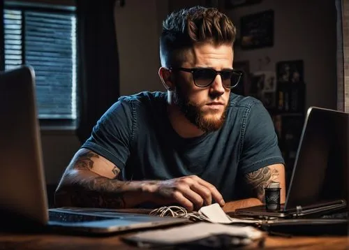 Bro coding, Brantley Gilbert, young adult male, messy brown hair, black-framed glasses, casual wear, graphic t-shirt, ripped jeans, sneakers, MacBook, multiple screens, cluttered desk, coffee cup, sna