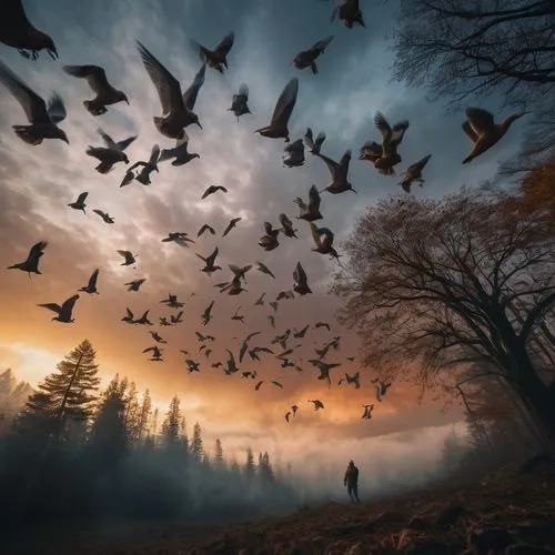 flock of birds,birds in flight,flying birds,birds flying,bird flight,bird migration,wild birds,murder of crows,the birds,migration,migratory birds,bird kingdom,migrate,flock home,a flock of pigeons,pigeon flight,birds,flock,fantasy picture,autumn fog,Photography,General,Cinematic