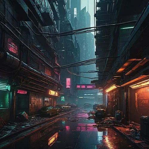 cyberpunk,bladerunner,alleyway,alley,cybercity,kowloon,cybertown,cyberscene,urban,slum,neon arrows,cityscape,dystopian,shanghai,cyberia,alleyways,harbour city,mongkok,environments,shinjuku,Art,Artistic Painting,Artistic Painting 30