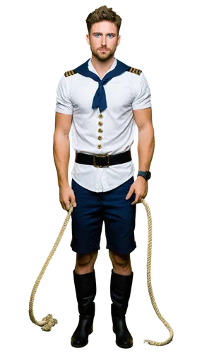 Muscular man, sailor, solo, (30yo), strong facial features, short hair, beard, blue eyes, white uniform, gold buttons, epaulets, black boots, holding rope, standing, heroic pose, realistic, dramatic l