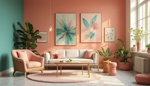 modern decor,livingroom,living room,houseplants,gold-pink earthy colors,house plants,sitting room,apartment lounge,interior design,mid century modern,soft furniture,interior decor,furnishing,retro modern flowers,houseplant,decor,an apartment,flower painting,pastel colors,contemporary decor,Photography,General,Realistic