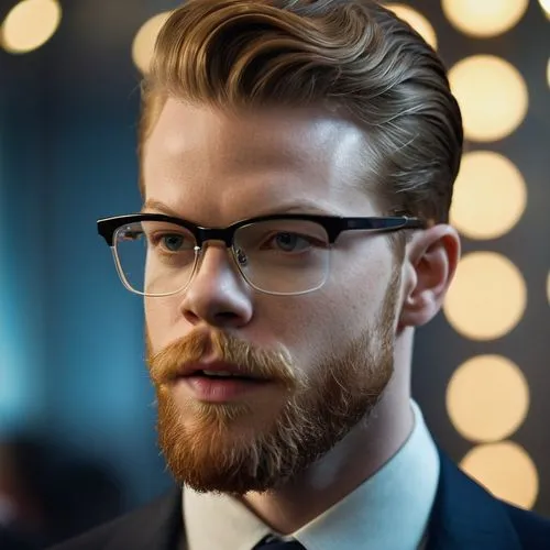 Cameron Monaghan with beard and glasses as businessman,man with red beard wearing glasses and tie,gingrichian,zaytsev,lace round frames,silver framed glasses,paulsson,kellan,Photography,General,Cinema