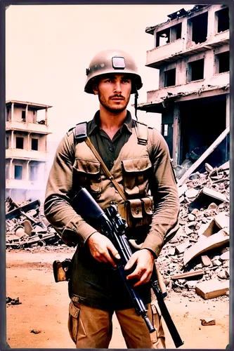 War scene, destroyed city, ruins, smoke in air, broken tanks, abandoned vehicles, worn boots, camouflage uniform, helmet, AK47 rifle, muscular male soldier, serious expression, sweat on forehead, dust