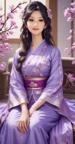 beautiful young woman 19 years old wearing chinese traditional costume in violet and purple color, big boobs, H-cup, short neck,  happy face, smiling,  Sit Elegantly Like a Royal, elegant posture,  bl