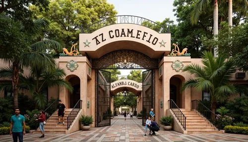 Vibrant zoo entrance, ornate metal gates, Art Deco patterns, geometric shapes, bold typography, exotic animal sculptures, lush greenery, tropical plants, colorful mosaic tiles, curved lines, ornamenta