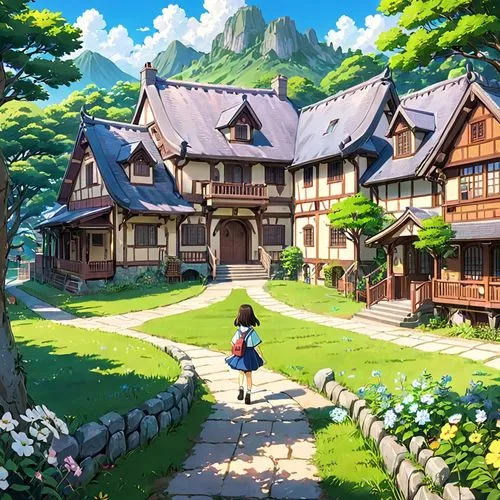 studio ghibli,aurora village,knight village,alpine village,mountain village,wooden houses,meteora,escher village,mountain settlement,akko,idyllic,house in the mountains,home landscape,resort town,little house,lonely house,house in mountains,country estate,stroll,dream world,Anime,Anime,Traditional