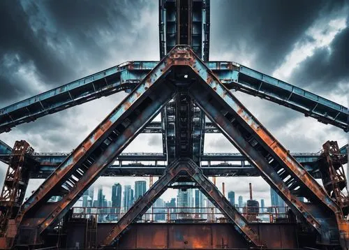 Industrial bolt architecture, modern metallic structure, bold rivets, heavy steel beams, rusty patina, urban cityscape, overcast sky, dramatic backlight, low-angle shot, symmetrical composition, gritt