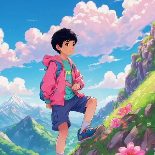 I need black hair tropical acian contry boy,studio ghibli,springtime background,meteora,spring background,wander,blooming field,mountain world,mountain guide,mountain,hiker,adventure,the spirit of the