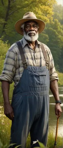 Uncle Ruckus, old man, rugged face, white beard, messy hair, thick eyebrows, worn-out hat, overalls, plaid shirt, suspenders, holding a fishing rod, standing by a riverbank, surrounded by trees, tall 