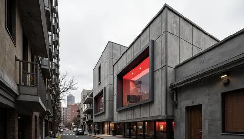 Monochromatic brutalist architecture, raw concrete textures, industrial steel beams, minimalist ornamentation, muted earth tones, cold gray accents, bold red highlights, exposed ductwork, functional s