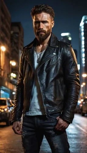 Muscular man, Glester Hardun Kichud, solo, (35yo), rugged beard, messy brown hair, intense gaze, leather jacket, black tank top, ripped jeans, heavy boots, silver necklace, confident stance, standing,