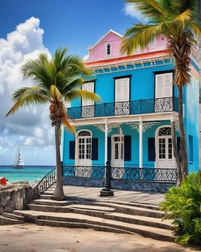 Dutch West Indies architecture, colorful buildings, wooden shutters, ornate facades, steeply pitched roofs, balconies with intricate ironwork, tropical plants surrounding, palm trees swaying, bright b