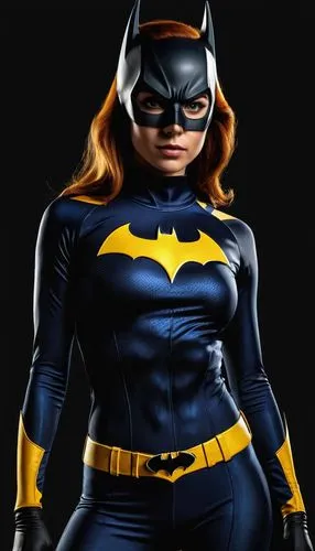 Design a Mockup jersey (long sleeve). The WOMAN has BATGIRL graphics on the front, front position, object floating on a black background,bat,batman,catwoman,super heroine,crime fighting,lantern bat,ca