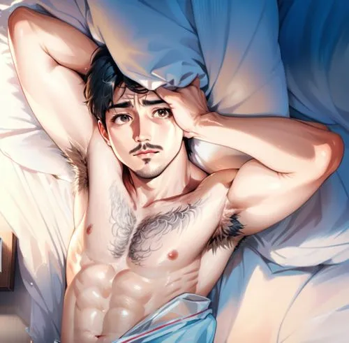 laying, on bed, shirtless, Ryan Garcia,  sleepy eyes, hairy armpits,a man with a shirt on is lying in bed,araullo,koreshkov,piolo,tony stark,joji,bed,Anime,Anime,General