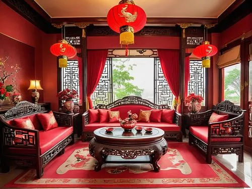 peranakan,buddha tooth relic temple,ornate room,dragon palace hotel,asian architecture,red lantern,peranakans,longshan,sitting room,fengshui,chaozhou,shuozhou,teochew,qingcheng,interior decor,bedchamber,teahouse,shaoxing,interior decoration,qibao,Illustration,Retro,Retro 13