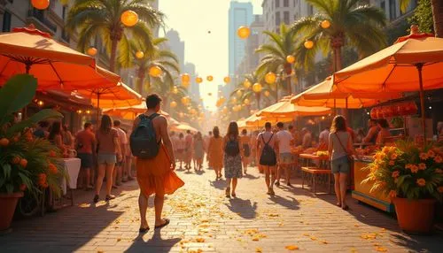 waikiki,shopping street,boulevard,girl walking away,greenmarket,yellow orange,world digital painting,sidewalk,pedestrianized,fruit market,broadway at beach,promenade,passersby,spice market,street scene,woman walking,citrus,colorful city,orange,orange yellow,Photography,General,Realistic