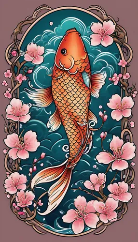 Create an ethereal, dreamy coy fish tattoo with cherry blossom petals floating around.,koi fish,koi carp,koi,koi pond,koi carps,goldfish,discus fish,mermaid background,tropical fish,fish in water,merm