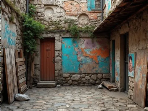 Weathered stone walls, rough-hewn wooden planks, rusty metal corrugations, intricate tile patterns, worn brick facades, distressed concrete surfaces, peeling paint textures, aged wooden beams, ornate 