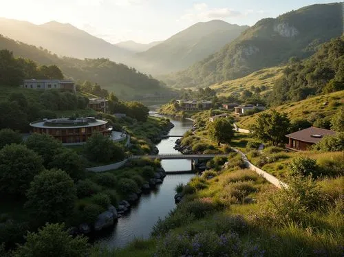 Sweeping mountain ranges, lush forests, winding rivers, rustic stone walls, wooden bridges, modern minimalist architecture, curved lines, green roofs, solar panels, rainwater harvesting systems, nativ