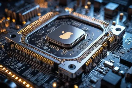 Modern apple M2 chip architecture, sleek silver metal casing, intricate circuit board design, tiny transistors, shining golden connectors, futuristic motherboard layout, LED indicator lights, high-tec