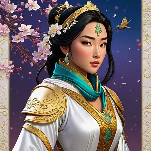 mulan,oriental princess,jasmine blossom,yi sun sin,jaya,shuanghuan noble,jasmine,inner mongolian beauty,jasmine flower,portrait background,asian woman,fantasy portrait,cleopatra,oriental girl,a beautiful jasmine,custom portrait,zoroastrian novruz,jasmine flowers,xizhi,asia,Illustration,American Style,American Style 07