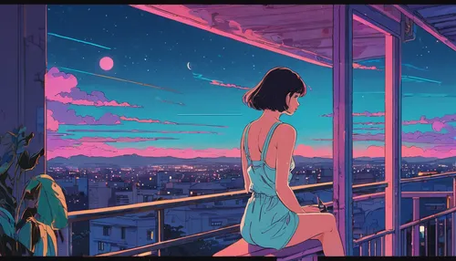 A girl on the balcony, retro, flat, 2.5D, glow, neon landscape,, analog color theme, fantasy, line art, ink painting, big ink line, watercolor, gouache color, Studio Ghibli style, awesome colors, outu