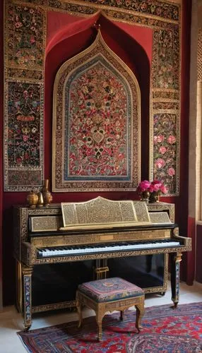 Music Studio hall Interior, Record studio, Designed by Abdol-Aziz Mirza Farmanfarmaian, large scale, Persian architecture, Shiraz, Faience mosaic, creativity, music instrument, Piano, Guitar, Hang Dru