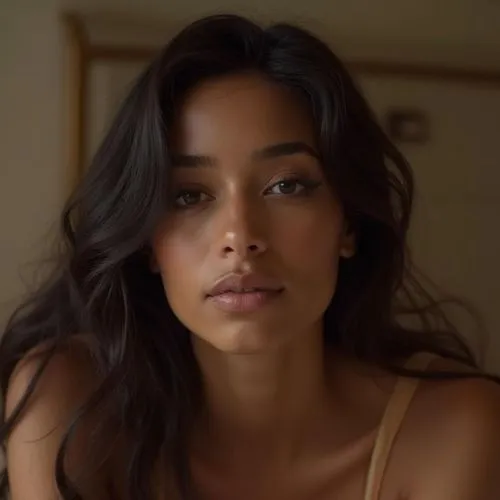 a beautiful young woman with long dark hair wearing a tan tank top,malaika,mahdawi,liliyana,naomie,shay,maisuradze