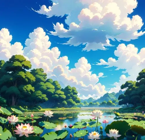 荷塘上有云,landscape background,springtime background,spring background,summer background,heaven lake,blooming field,idyllic,summer day,frog background,fairy world,lily pond,meadow landscape,fantasy landsc