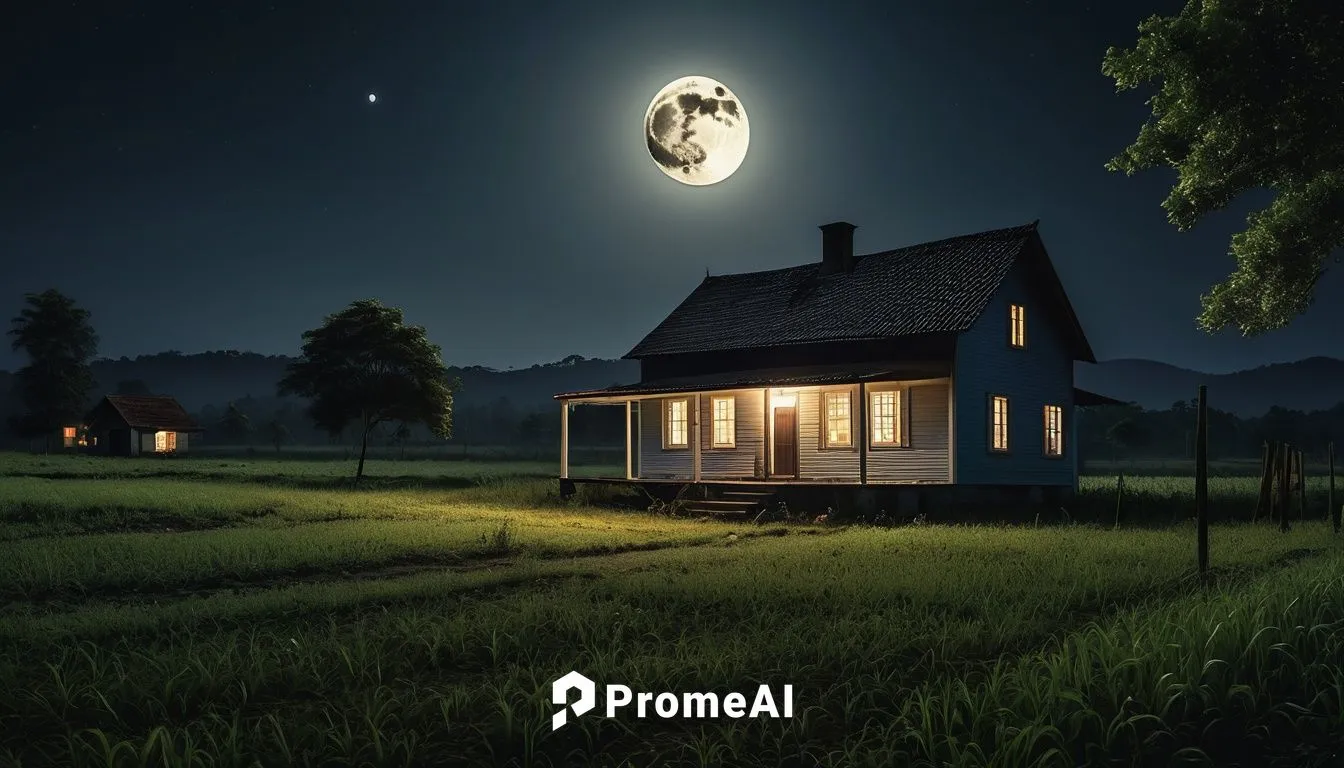 There is a house in the middle of a field, full moon night, Kerala village in moonlight, photo taken at night on a moonlit night, night time, surreal landscape, night rendering, inspired by Gregory Cr